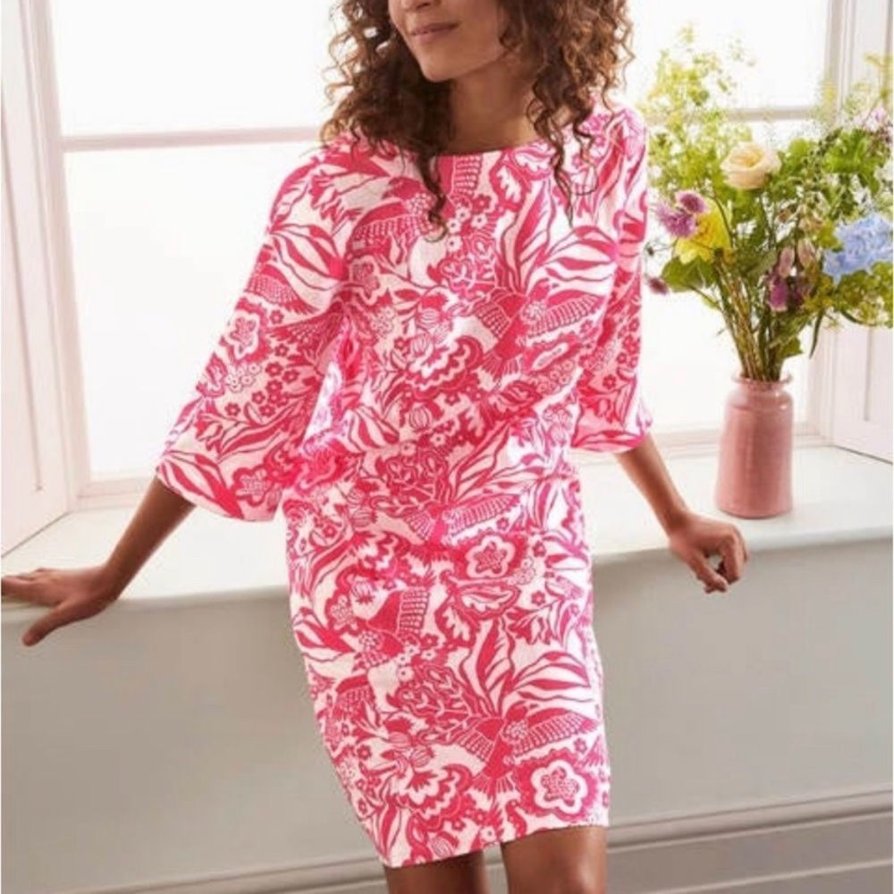 Boden Laurie Linen Dress Lollipop White Coral Pink Boatneck